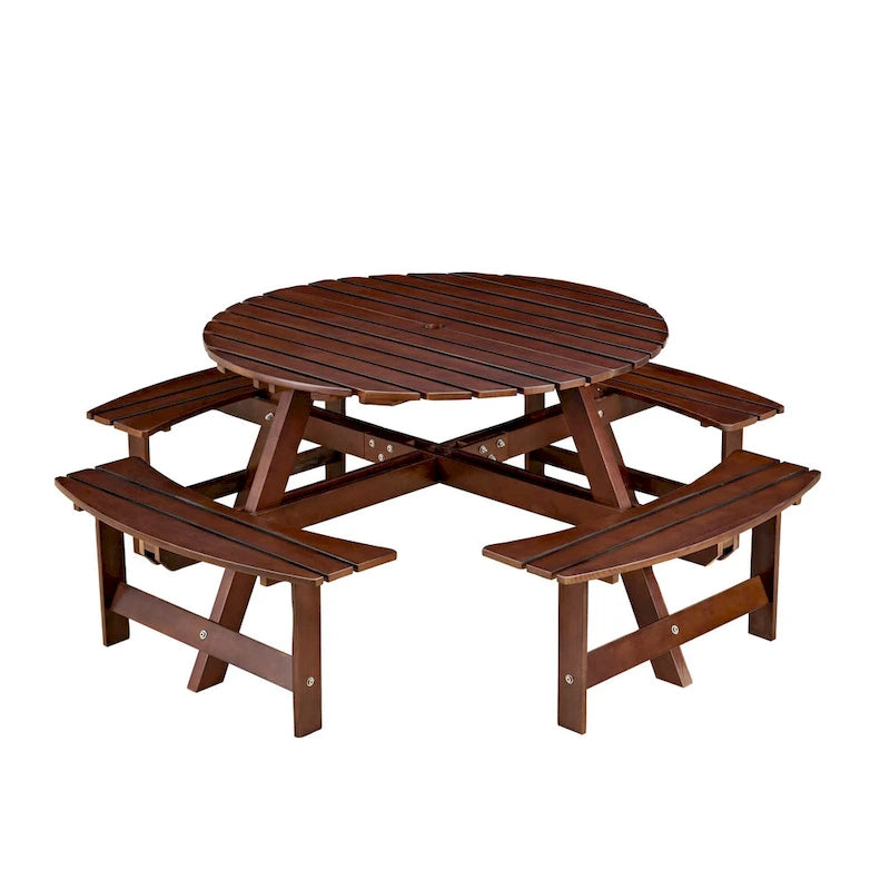 8-Person Round Outdoor Picnic Table with 4 Double Benches