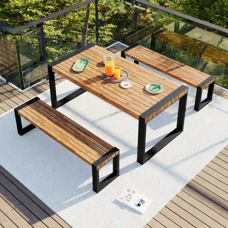 3-pieces Outdoor Dining Table with 2 Benches, Acacia Wood Top & Steel Frame