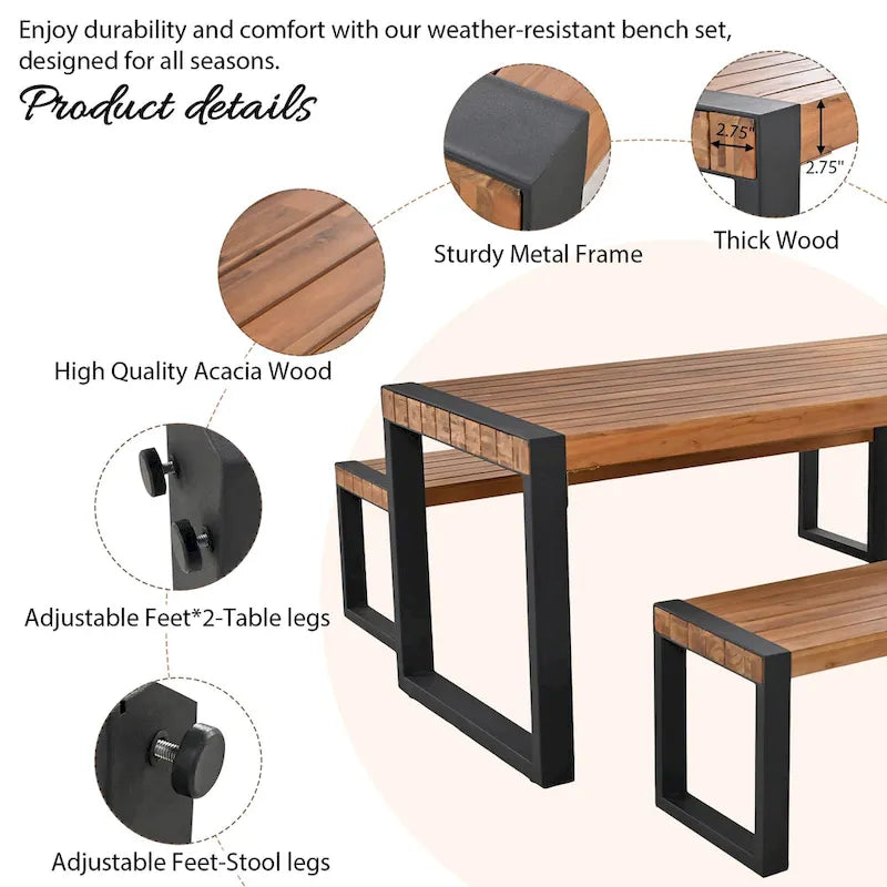 3-pieces Outdoor Dining Table with 2 Benches, Acacia Wood Top & Steel Frame