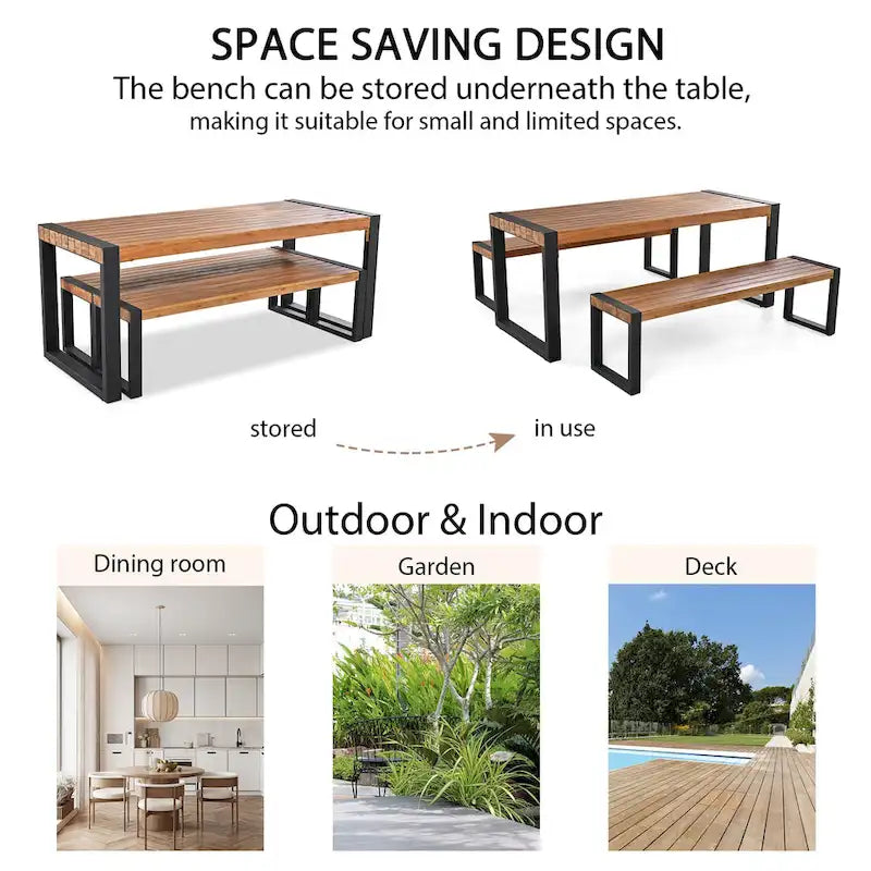 3-pieces Outdoor Dining Table with 2 Benches, Acacia Wood Top & Steel Frame