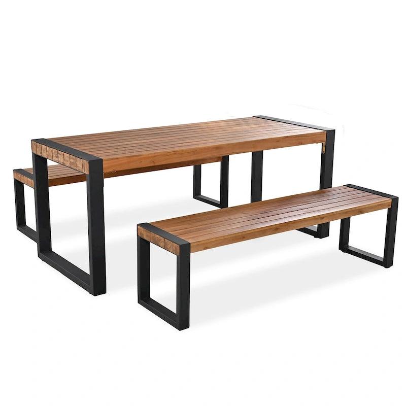 3-pieces Outdoor Dining Table with 2 Benches, Acacia Wood Top & Steel Frame