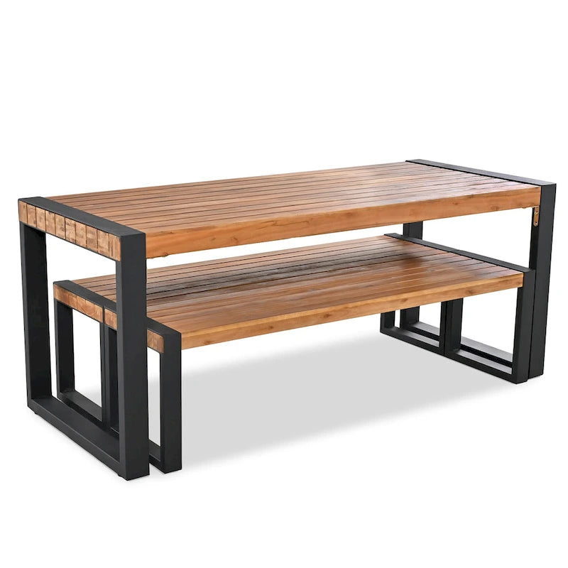 3-pieces Outdoor Dining Table with 2 Benches, Acacia Wood Top & Steel Frame