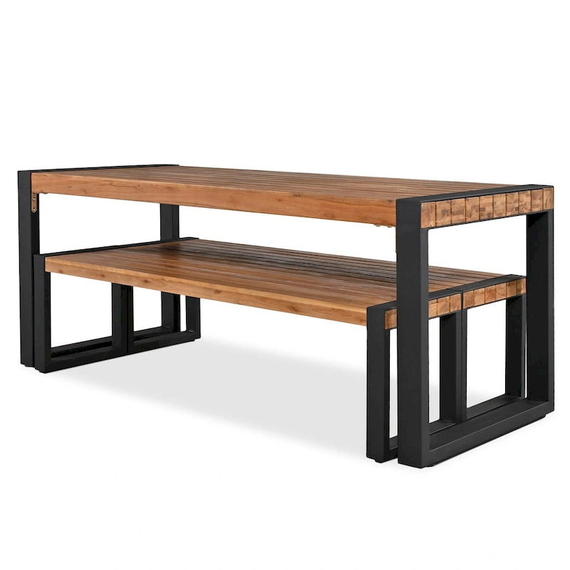 3-pieces Outdoor Dining Table with 2 Benches, Acacia Wood Top & Steel Frame