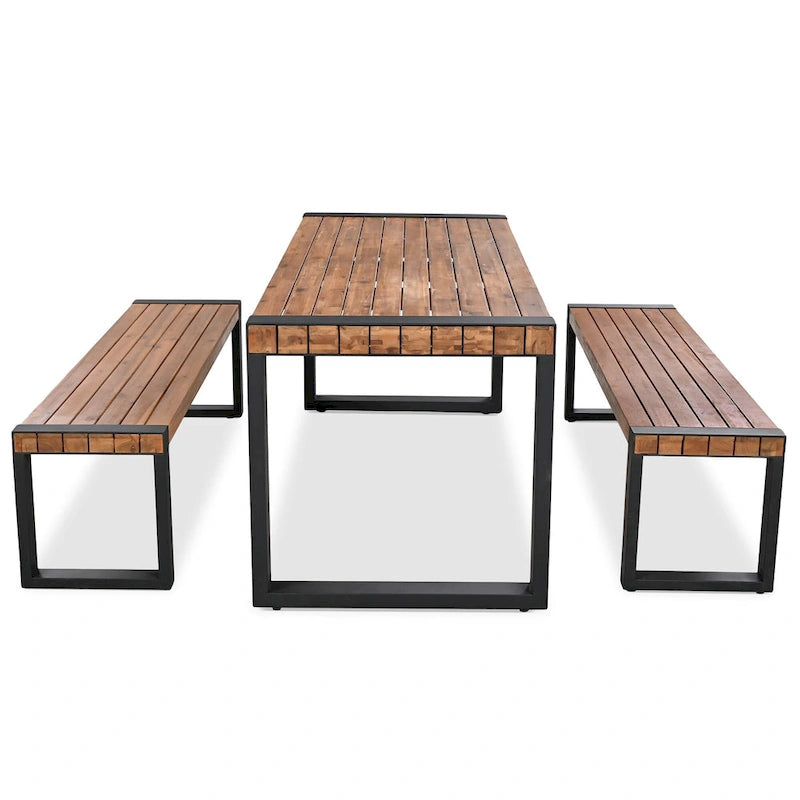 3-pieces Outdoor Dining Table with 2 Benches, Acacia Wood Top & Steel Frame