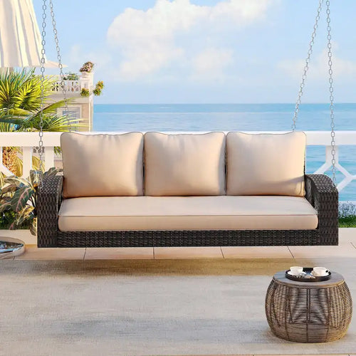 3-Person PE Wicker Porch Swing with Cushions and Chains