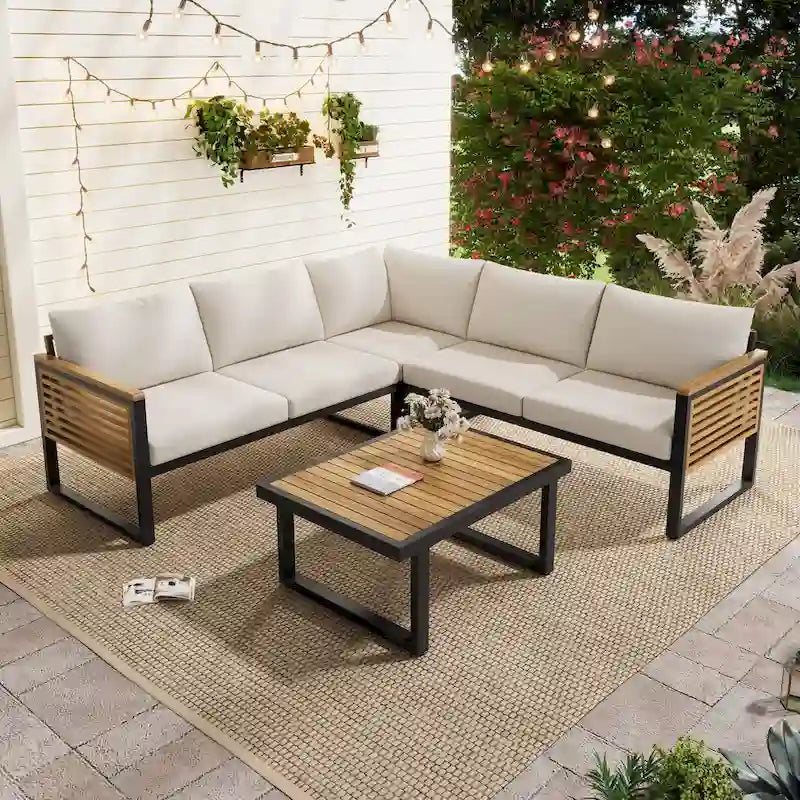 Outdoor 4-piece Acacia Wood and Metal Patio Sofa Corner Set