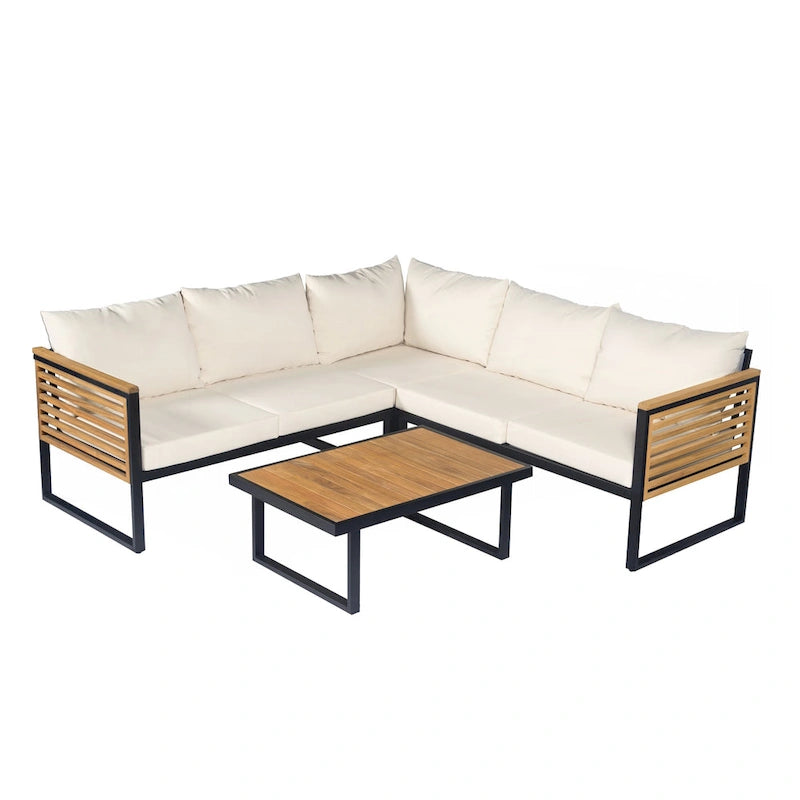 Outdoor 4-piece Acacia Wood and Metal Patio Sofa Corner Set