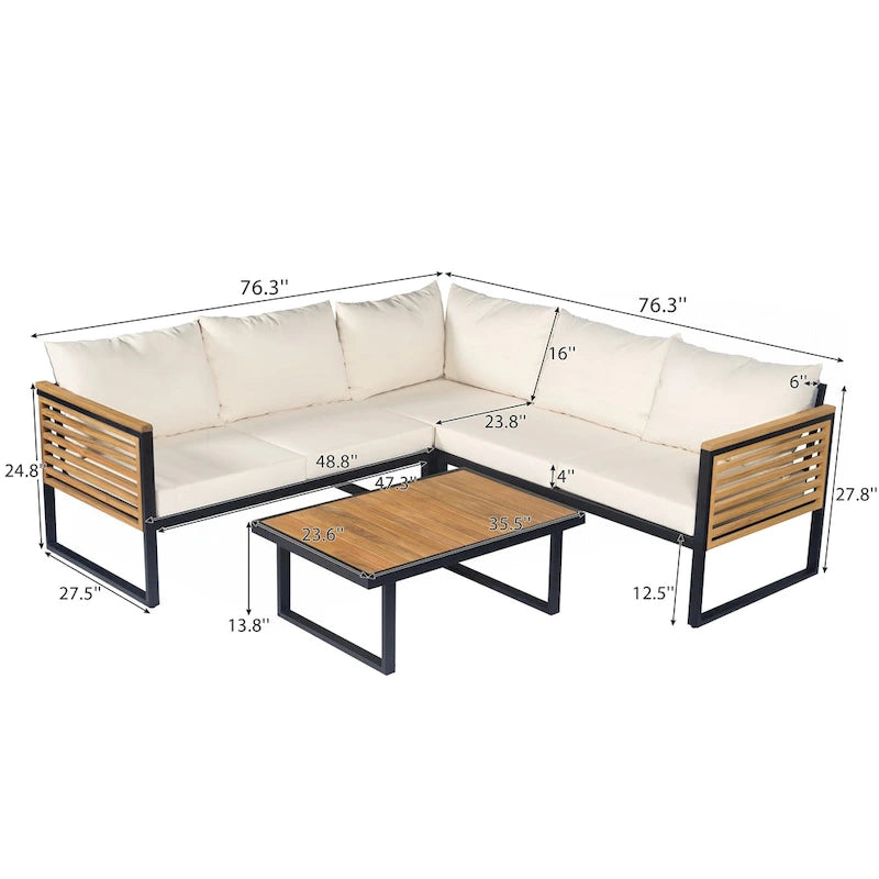 Outdoor 4-piece Acacia Wood and Metal Patio Sofa Corner Set