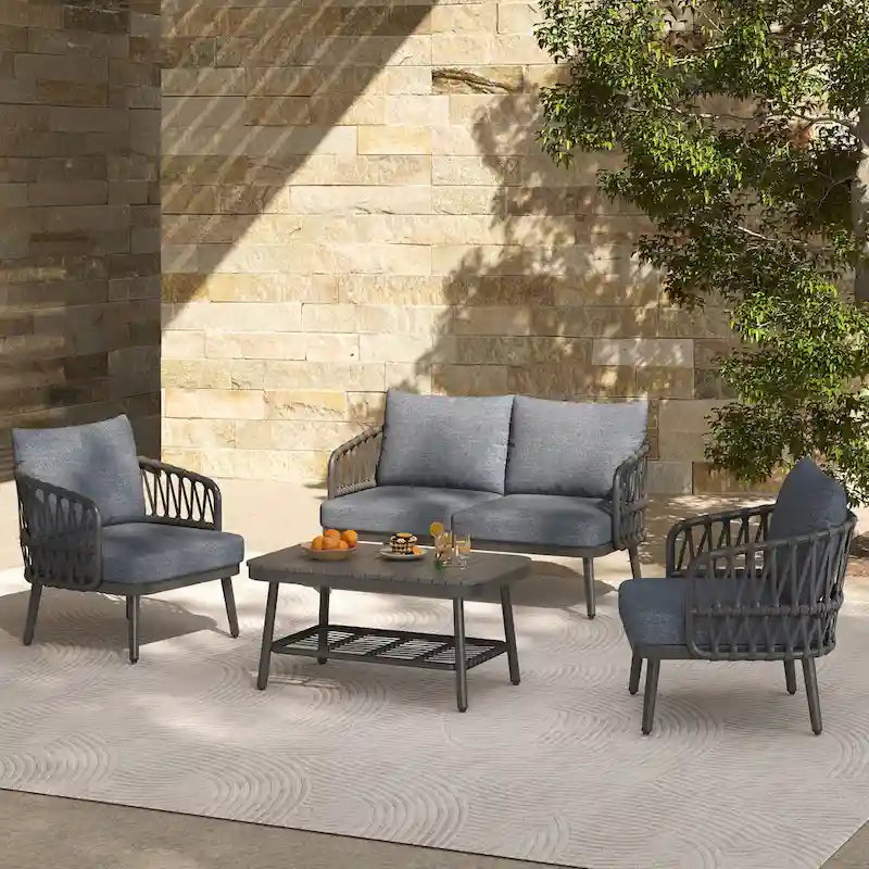 Roomfitters 4-Piece Outdoor Patio Conversation Set with Woven Rope Backrest, Cushions and Metal Frame Chairs