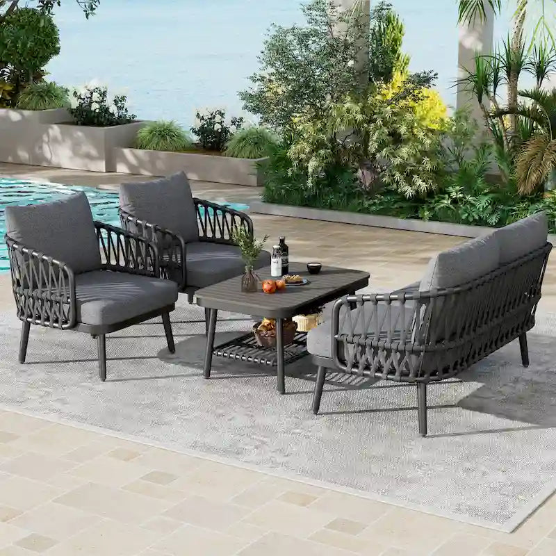 Roomfitters 4-Piece Outdoor Patio Conversation Set with Woven Rope Backrest, Cushions and Metal Frame Chairs