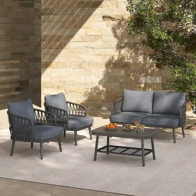 Roomfitters 4-Piece Outdoor Patio Conversation Set with Woven Rope Backrest, Cushions and Metal Frame Chairs