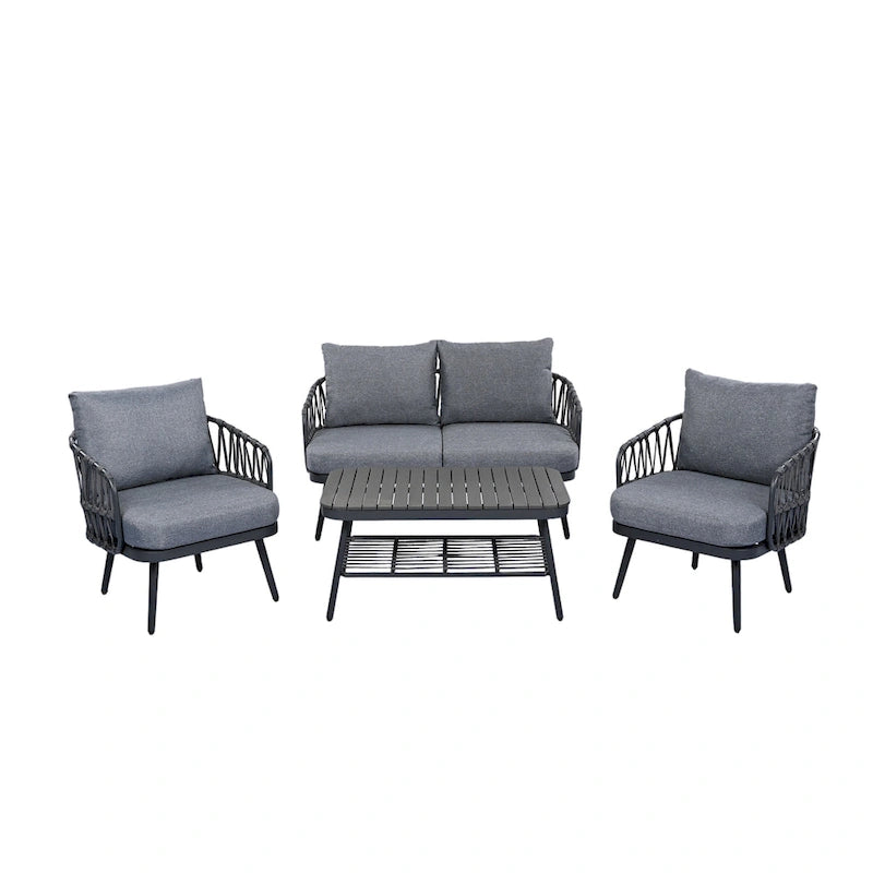 Roomfitters 4-Piece Outdoor Patio Conversation Set with Woven Rope Backrest, Cushions and Metal Frame Chairs