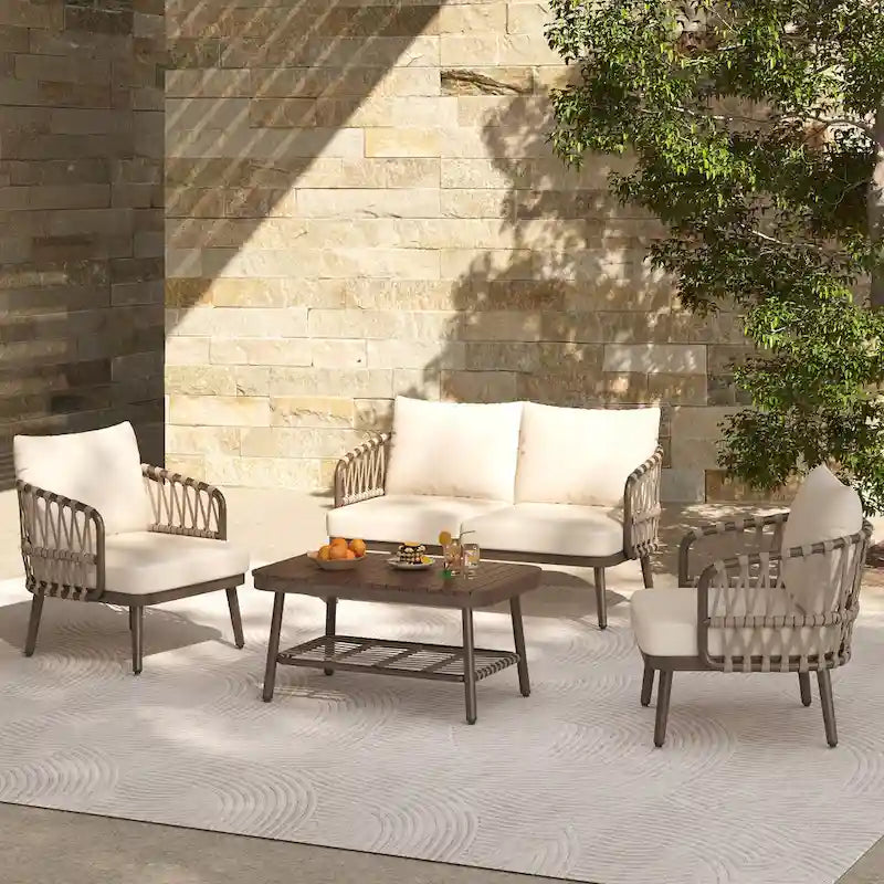 Roomfitters 4-Piece Outdoor Patio Conversation Set with Woven Rope Backrest, Cushions and Metal Frame Chairs