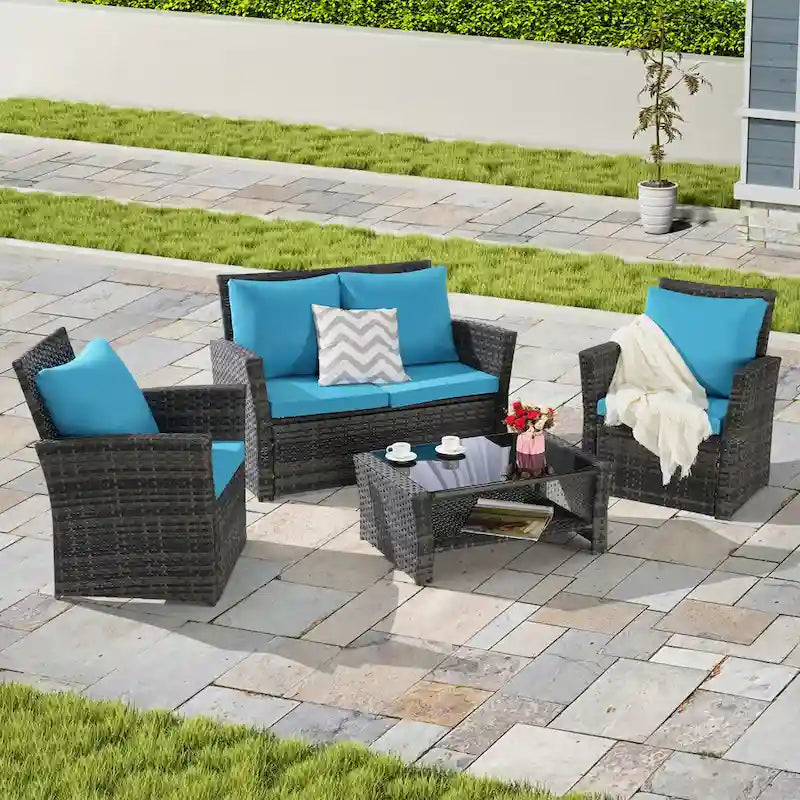 4-Piece Rattan Conversation Sofa Set with Glass Table