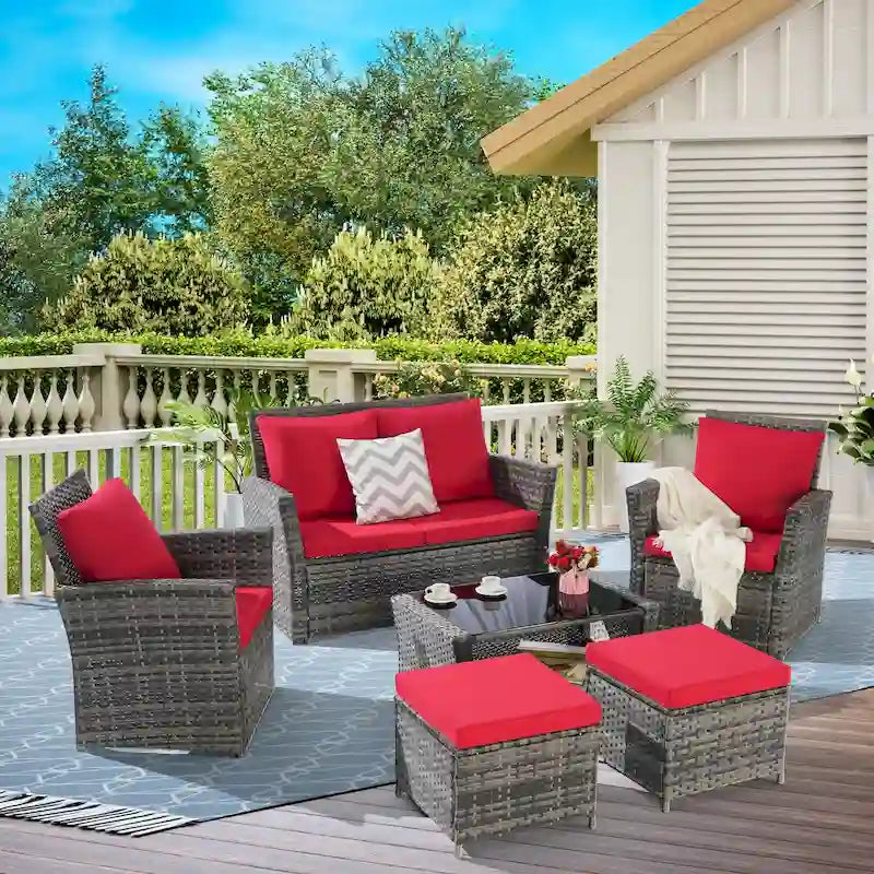 6-Piece Outdoor Patio Rattan Sectional Sofa Set with Glass Table