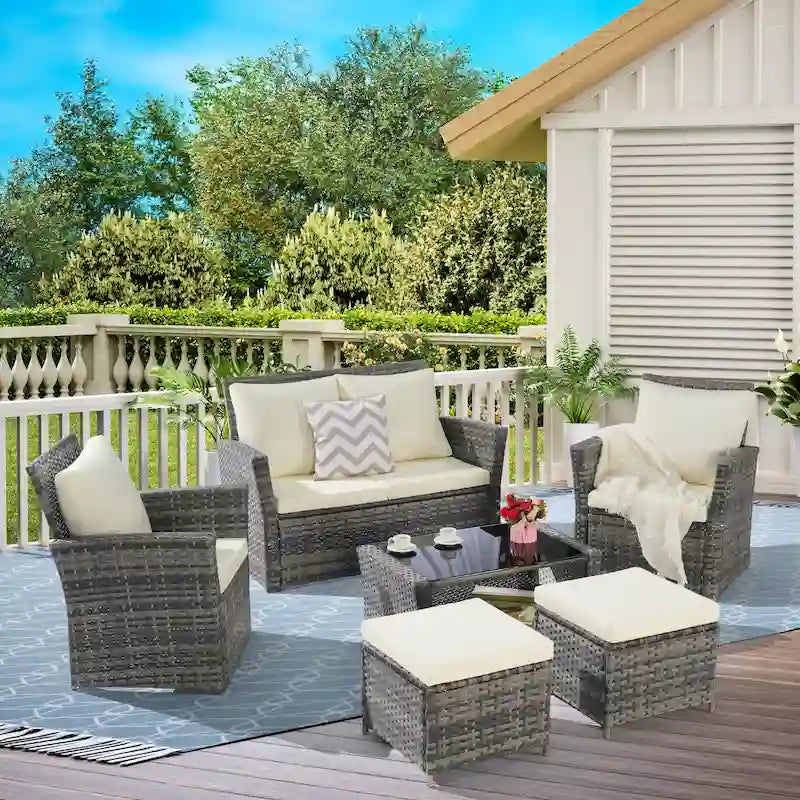 6-Piece Outdoor Patio Rattan Sectional Sofa Set with Glass Table