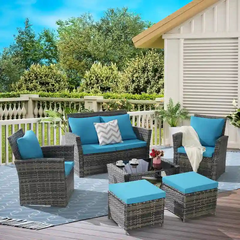 6-Piece Outdoor Patio Rattan Sectional Sofa Set with Glass Table