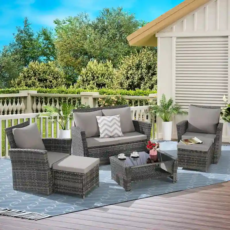 6-Piece Outdoor Patio Rattan Sectional Sofa Set with Glass Table