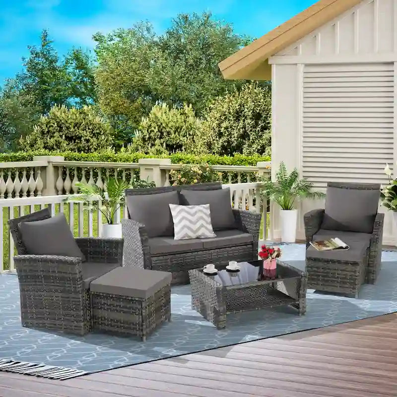 6-Piece Outdoor Patio Rattan Sectional Sofa Set with Glass Table