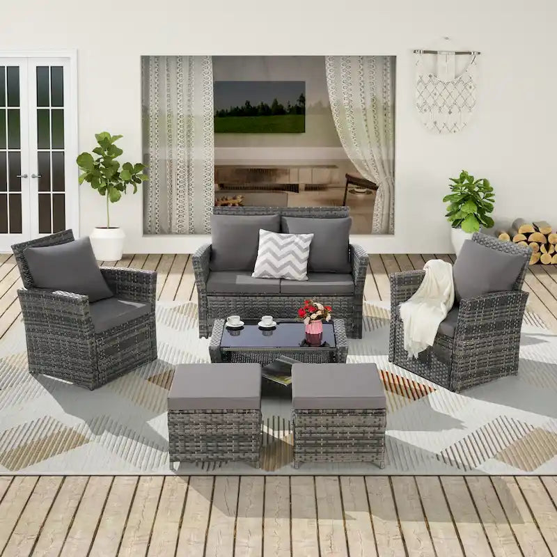6-Piece Outdoor Patio Rattan Sectional Sofa Set with Glass Table