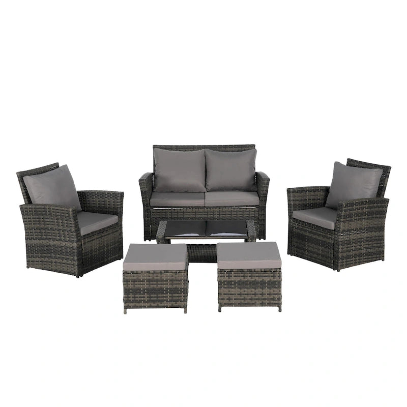 6-Piece Outdoor Patio Rattan Sectional Sofa Set with Glass Table