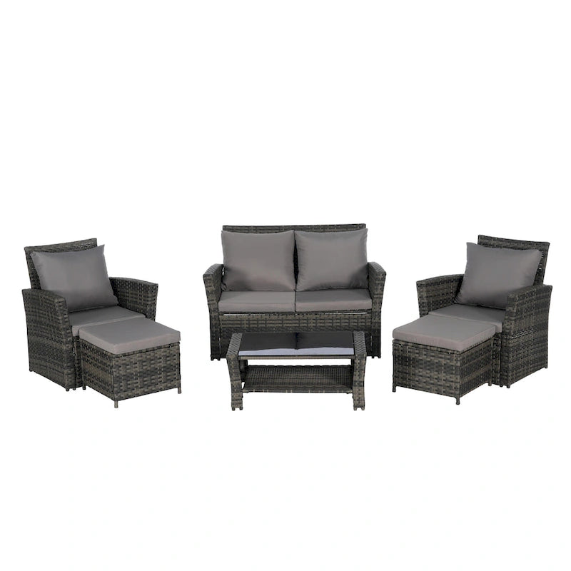 6-Piece Outdoor Patio Rattan Sectional Sofa Set with Glass Table