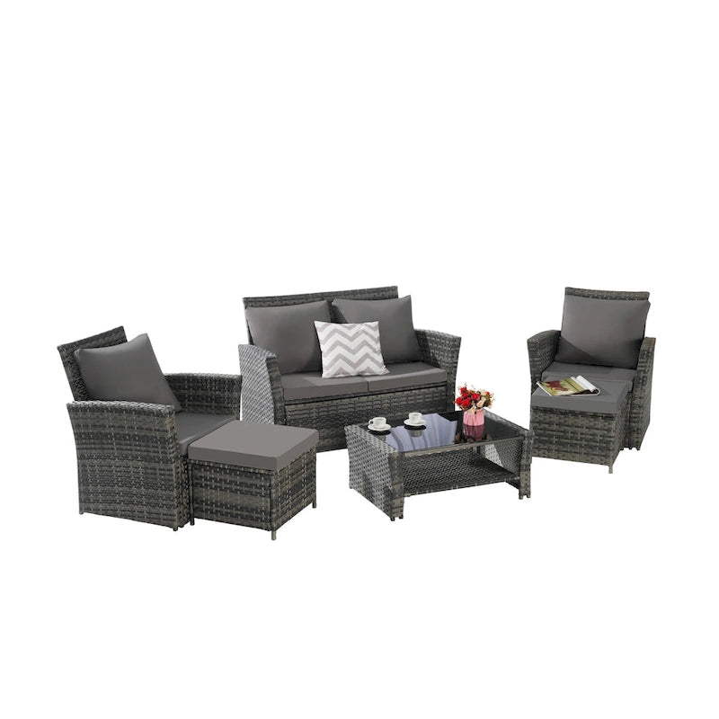6-Piece Outdoor Patio Rattan Sectional Sofa Set with Glass Table