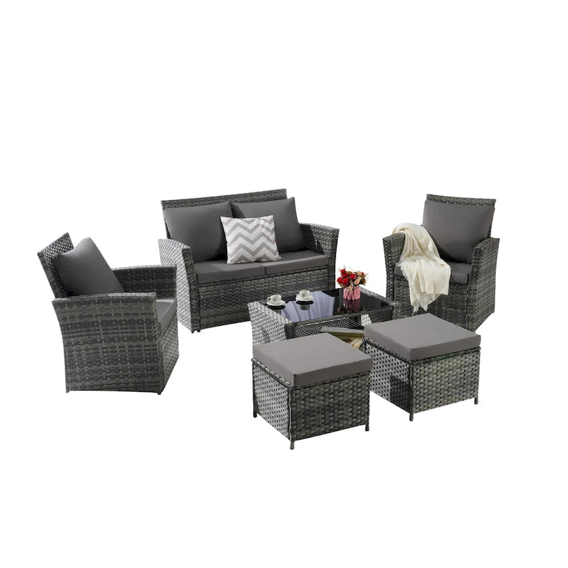6-Piece Outdoor Patio Rattan Sectional Sofa Set with Glass Table