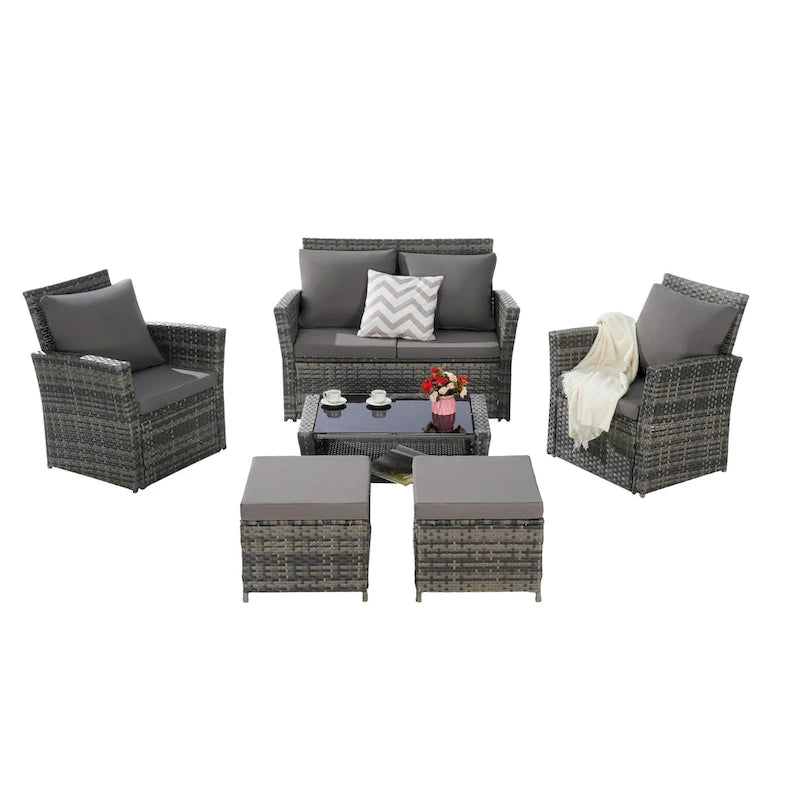 6-Piece Outdoor Patio Rattan Sectional Sofa Set with Glass Table