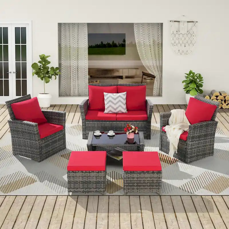 6-Piece Outdoor Patio Rattan Sectional Sofa Set with Glass Table