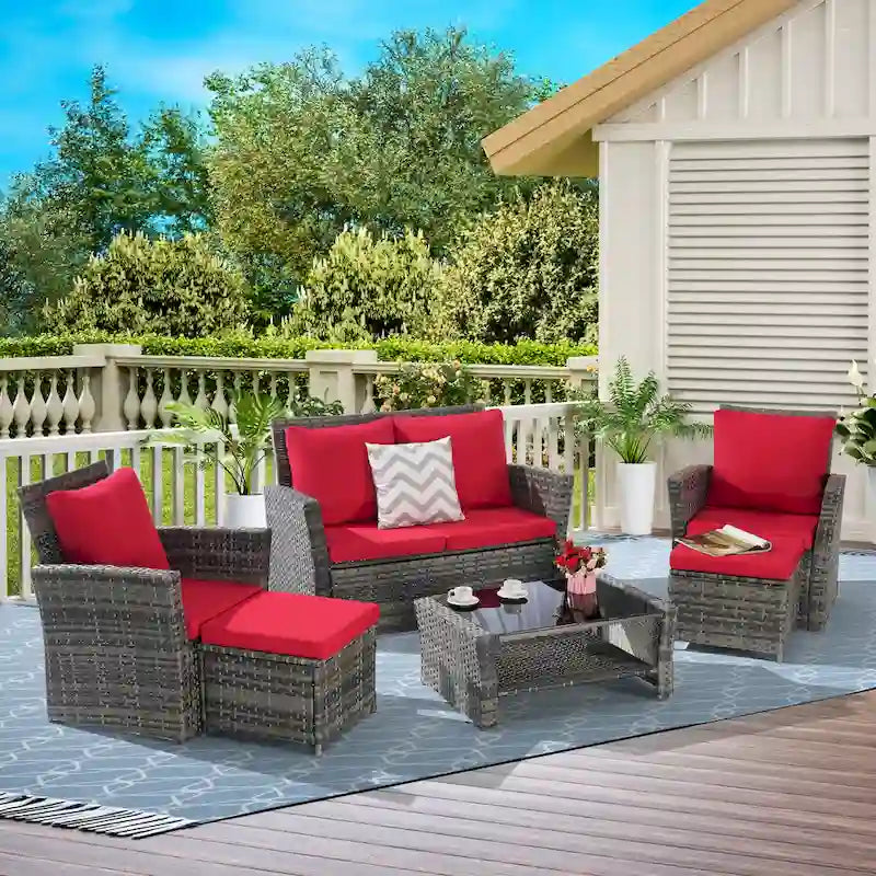 6-Piece Outdoor Patio Rattan Sectional Sofa Set with Glass Table