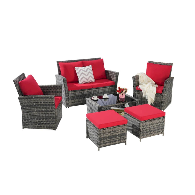 6-Piece Outdoor Patio Rattan Sectional Sofa Set with Glass Table