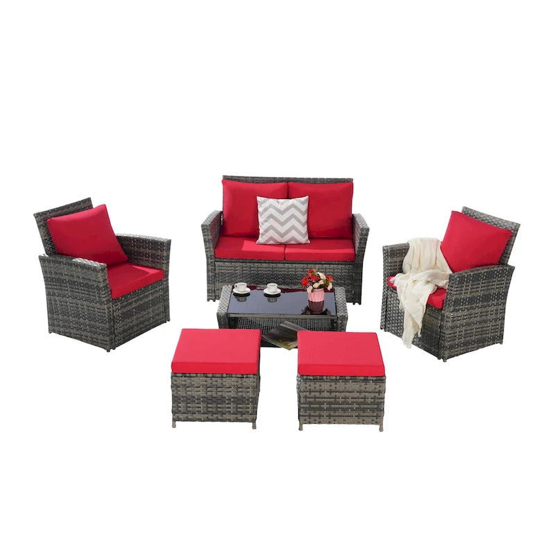 6-Piece Outdoor Patio Rattan Sectional Sofa Set with Glass Table