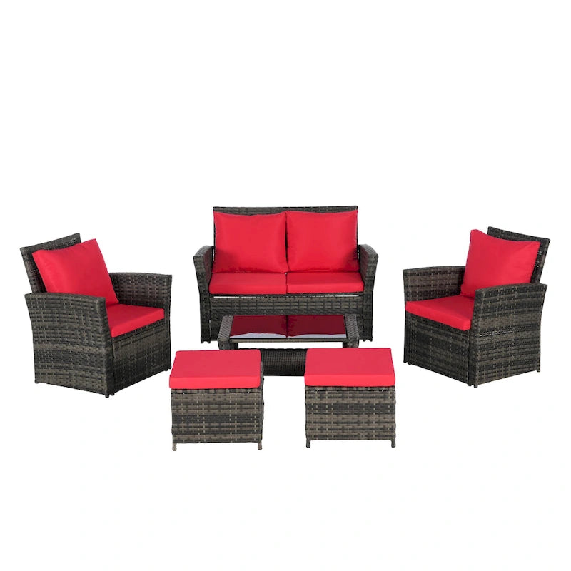 6-Piece Outdoor Patio Rattan Sectional Sofa Set with Glass Table