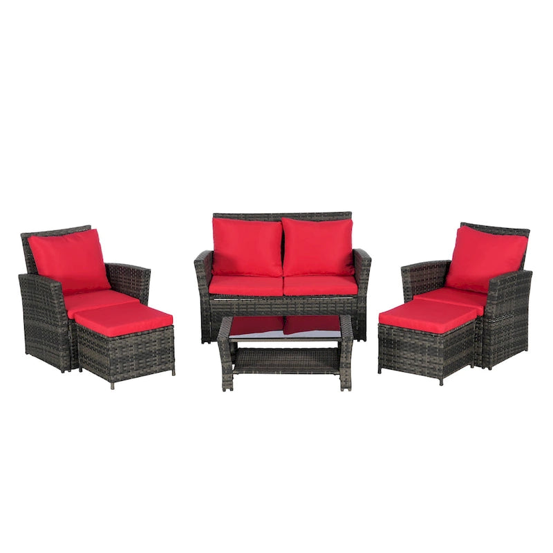 6-Piece Outdoor Patio Rattan Sectional Sofa Set with Glass Table