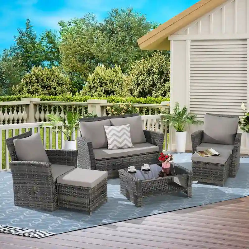 6-Piece Outdoor Patio Rattan Sectional Sofa Set with Glass Table