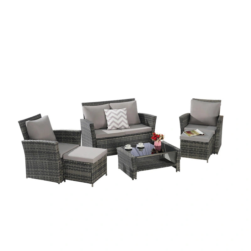 6-Piece Outdoor Patio Rattan Sectional Sofa Set with Glass Table