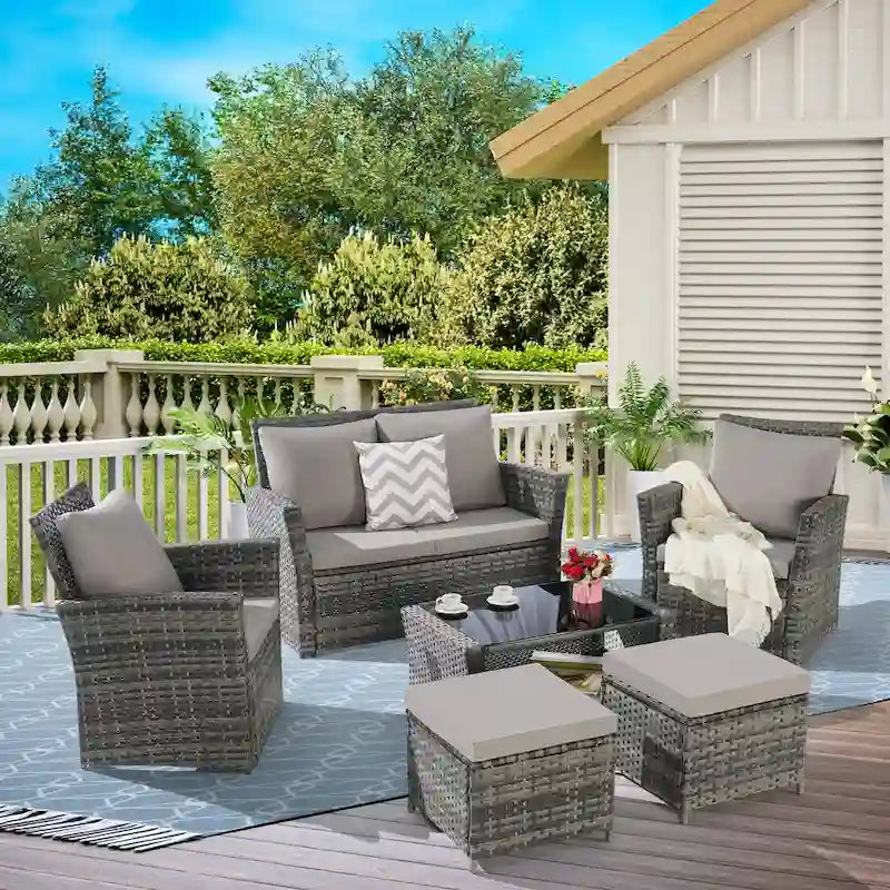 6-Piece Outdoor Patio Rattan Sectional Sofa Set with Glass Table