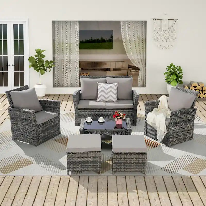 6-Piece Outdoor Patio Rattan Sectional Sofa Set with Glass Table