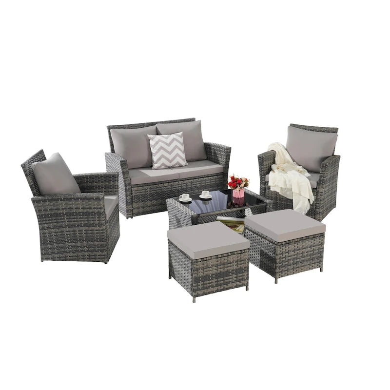 6-Piece Outdoor Patio Rattan Sectional Sofa Set with Glass Table