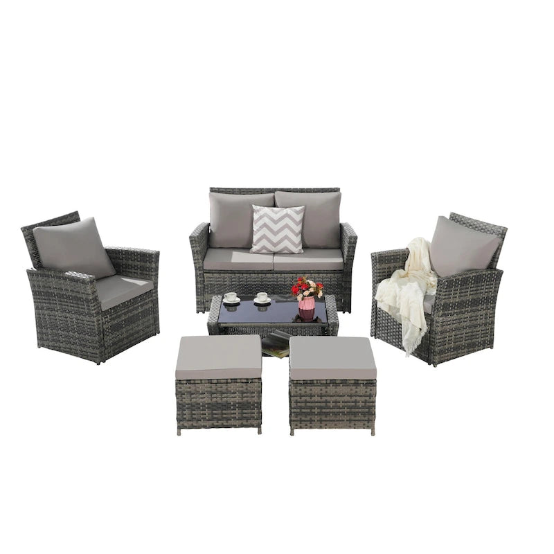 6-Piece Outdoor Patio Rattan Sectional Sofa Set with Glass Table