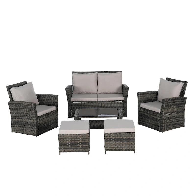 6-Piece Outdoor Patio Rattan Sectional Sofa Set with Glass Table