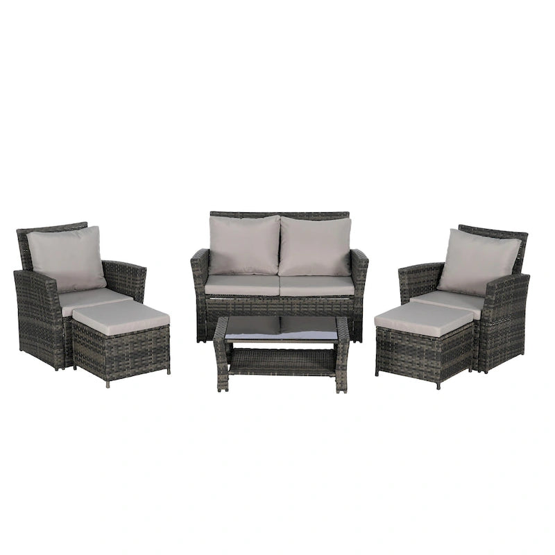 6-Piece Outdoor Patio Rattan Sectional Sofa Set with Glass Table