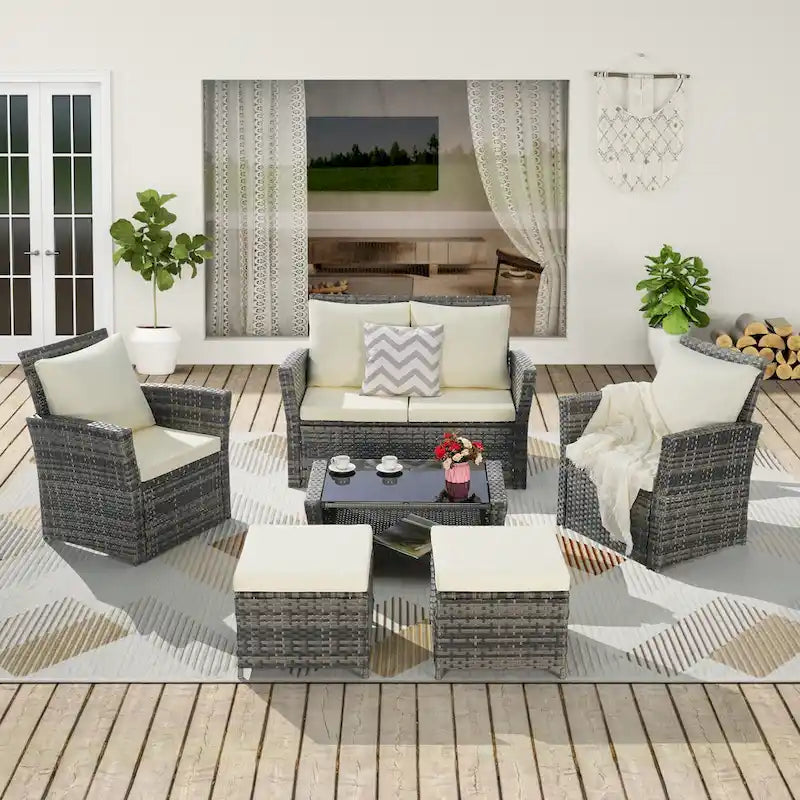 6-Piece Outdoor Patio Rattan Sectional Sofa Set with Glass Table