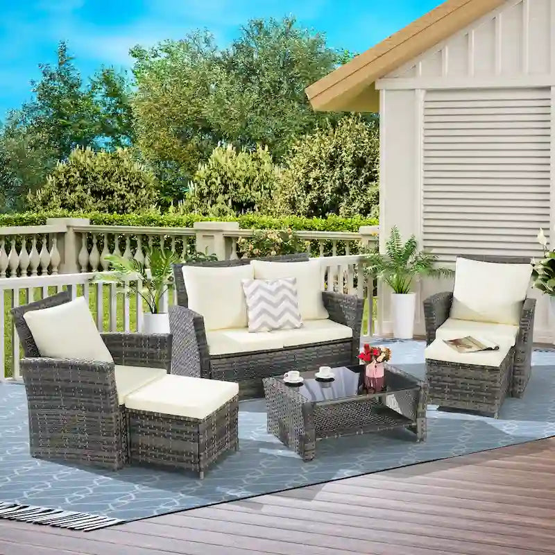 6-Piece Outdoor Patio Rattan Sectional Sofa Set with Glass Table