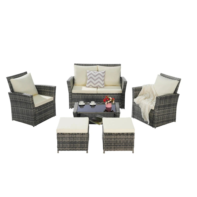 6-Piece Outdoor Patio Rattan Sectional Sofa Set with Glass Table