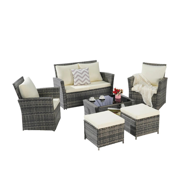 6-Piece Outdoor Patio Rattan Sectional Sofa Set with Glass Table
