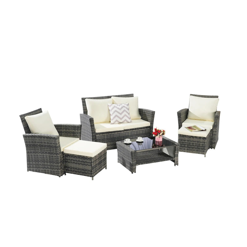 6-Piece Outdoor Patio Rattan Sectional Sofa Set with Glass Table