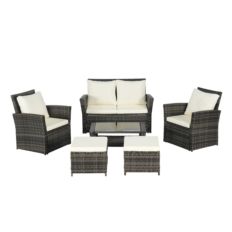 6-Piece Outdoor Patio Rattan Sectional Sofa Set with Glass Table