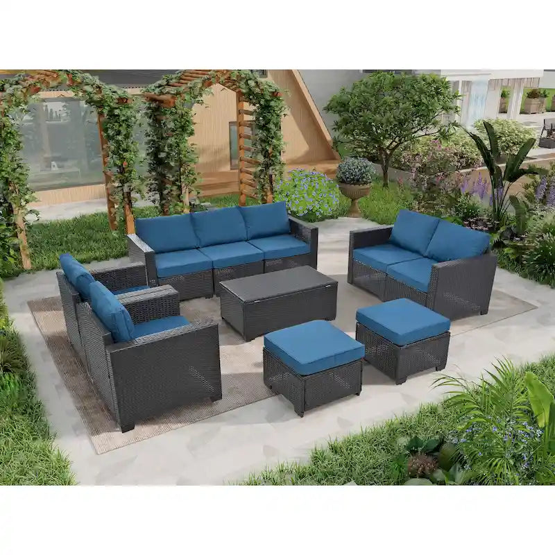 10-Piece Rattan Sectional Sofa Set with Storage Table & Waterproof Cushions